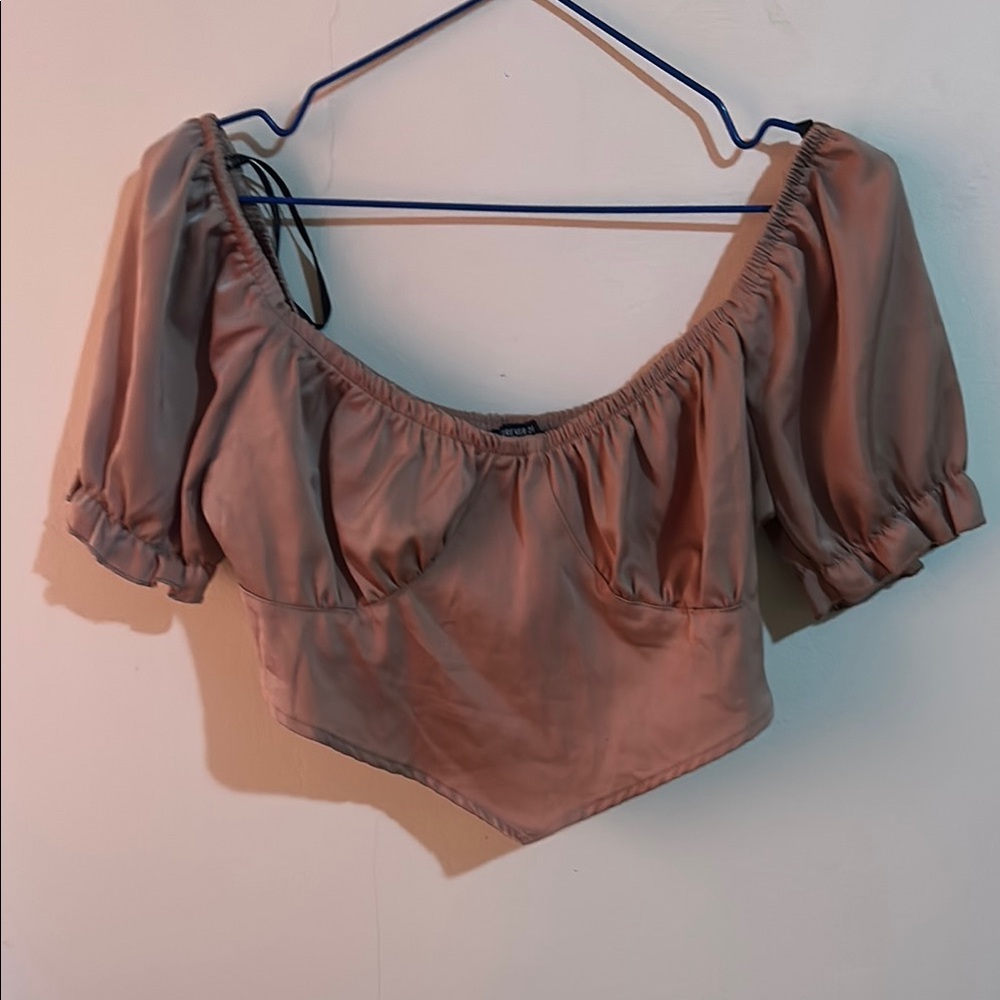 Forever 21 Brown Ruched Puff Sleeve Crop Top